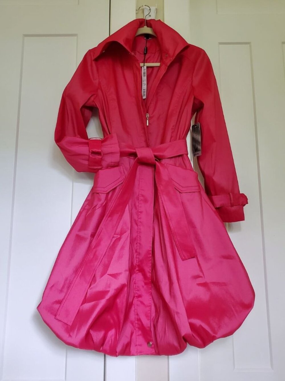 NWT Samuel Dong Pink Shimmer Belted Bubble Hem Statement Trench Coat S